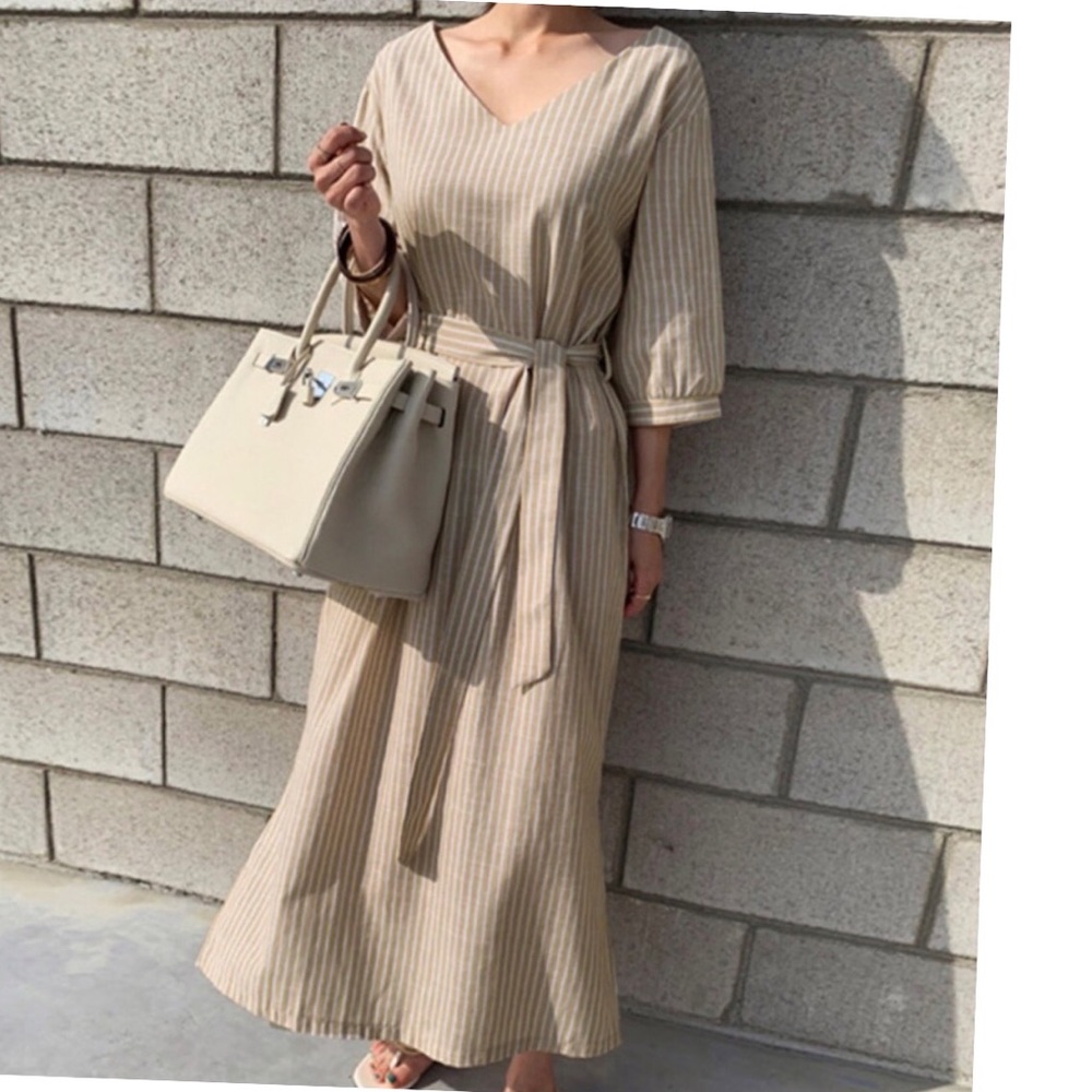 Stripe dress khaki beige white pocket belted long v-neck dresses summer spring